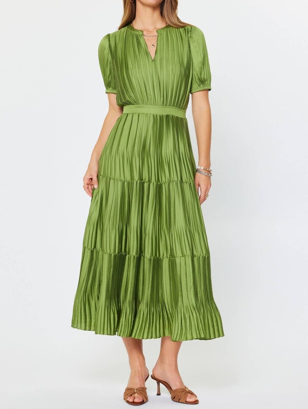 Current Air Olive Green Pleated Tiered Midi Dress